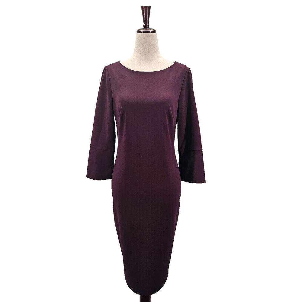 Calvin Klein Women's Bell Sleeve Sheath Dress Purple Size 6 Princess Seam Career